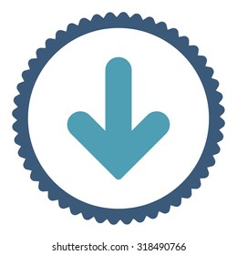 Arrow Down round stamp icon. This flat vector symbol is drawn with cyan and blue colors on a white background.