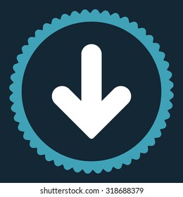 Arrow Down round stamp icon. This flat vector symbol is drawn with blue and white colors on a dark blue background.