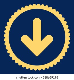Arrow Down round stamp icon. This flat vector symbol is drawn with yellow color on a blue background.
