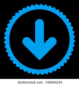 Arrow Down round stamp icon. This flat vector symbol is drawn with blue color on a black background.