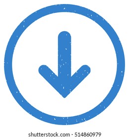 Arrow Down rubber seal stamp watermark. Icon symbol inside circle frame with grunge design and dirty texture. Scratched vector cobalt ink sign on a white background.