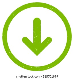 Arrow Down rubber seal stamp watermark. Icon symbol inside circle frame with grunge design and unclean texture. Scratched vector eco green ink sticker on a white background.