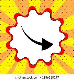 Arrow down sign. Black icon in bubble on a yellow background pop art. Vector.