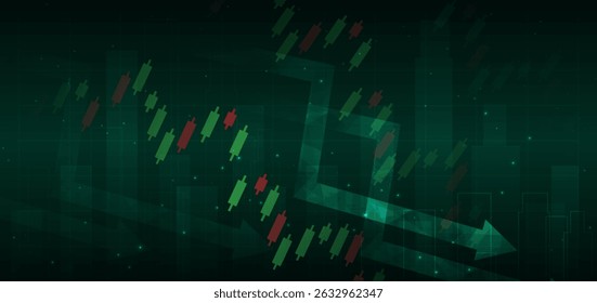 Arrow down stock market candlesticks glowing light effedct on dark green background. Business investment concept. Vector illustration