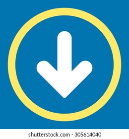 Arrow Down vector icon. This rounded flat symbol is drawn with yellow and white colors on a blue background.