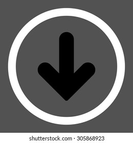 Arrow Down vector icon. This rounded flat symbol is drawn with black and white colors on a gray background.