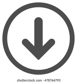 Arrow Down vector rounded icon. Image style is a flat icon symbol inside a circle, gray color, white background.
