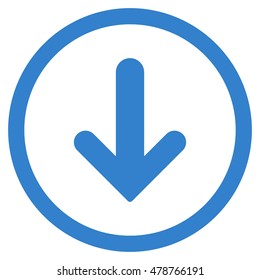 Arrow Down vector rounded icon. Image style is a flat icon symbol inside a circle, cobalt color, white background.