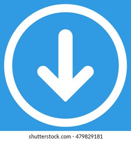Arrow Down vector rounded icon. Image style is a flat icon symbol inside a circle, white color, blue background.