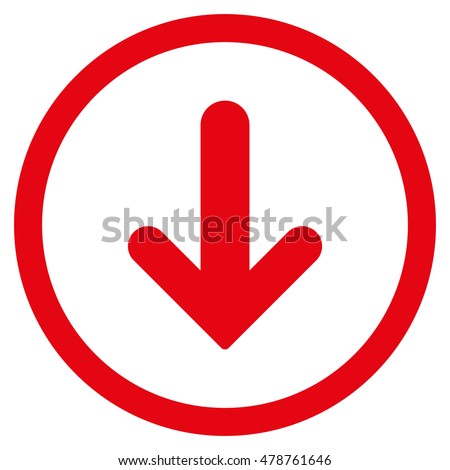 Arrow Down vector rounded icon. Image style is a flat icon symbol inside a circle, red color, white background.