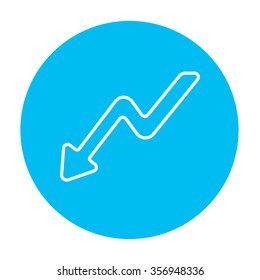 Arrow downward line icon for web, mobile and infographics. Vector white icon on the light blue circle isolated on white background.