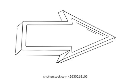 Flèche dessinée par l'enfant, flèche à griffonner, icône à l'encre dessinée à la main, flèche blanche avec contour noir en style gribouillage, esquisse de flèches pour l'application et la bannière, coloration de la flèche, pointeur dessiné à la main
