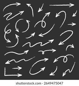 Arrow drawn hand vector line icon set. Hand drawn brush chalk stroke arrow curve, thin pencil scribble shape with vintage charcoal crayon texture. Doodle up down arrow symbol. Vector illustration