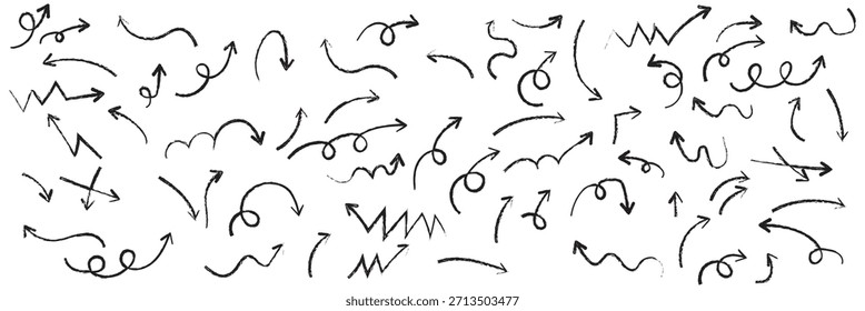 Arrow drawn hand vector line icon set. Hand drawn brush chalk stroke arrow curve, thin pencil scribble shape with vintage charcoal crayon texture. Doodle up down arrow symbol. Vector illustration