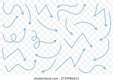 Conjunto de iconos de línea de Vector de mano dibujado con flecha. Curva de flecha de trazo de tiza dibujada a mano, forma de garabato de lápiz delgado con textura de crayón de carbón vintage. Doodle arriba abajo símbolo de flecha. Ilustración vectorial