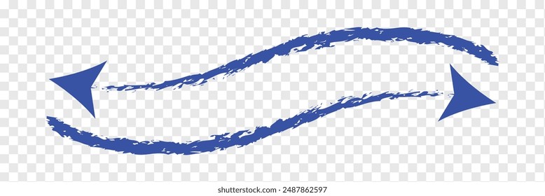 Arrow drawn with marker on transparent background, top view. Long brush arrow. Long arrow.