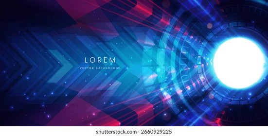 Flecha azul elegante con brillante sobre fondo oscuro con efecto de iluminación y brillo. Tecnología futurista neón de alta tecnología de comunicación, diseño de innovación. Ilustración vectorial