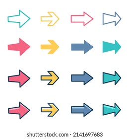 Elemento Arrow para infografía. Ilustración vectorial de varias formas de flecha en contorno, línea lineal y color delineado.