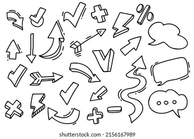 Arrow elements set. vector illustration. Symbols and signs, different shaped arrows and bubble cloud in linear hand drawn doodle style. For sketch design and decoration.