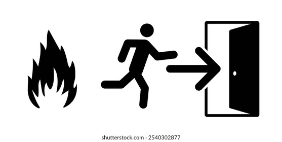 Arrow for emergency exit, office safety symbol. Cartoon open doors. Opened and closed doors icon. House, hotel, office entrance exit. Fire concept. Exit label. External, exit escape route sign.