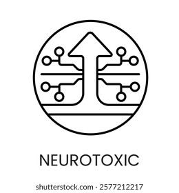 An arrow emerging from circuits in vector, symbolizing directed neurotoxic signals, with an editable stroke.