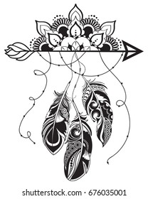 Arrow in ethical pattern with feathers and mandala in style tattoo. Hand drawn.