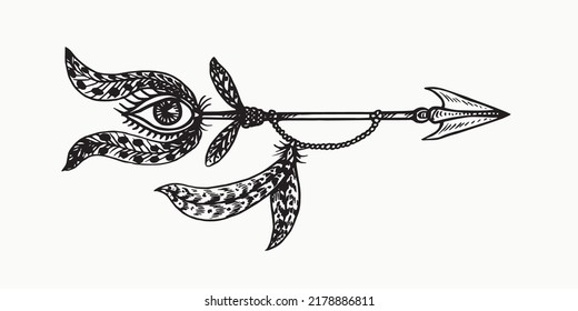 Flecha con ojos y plumas, dibujo simple de doodle, estilo de gravidez
