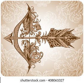 Arrow with a feather and bow archery. Graphic patterns with floral motifs and ethnic elements