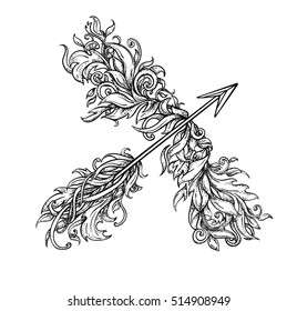 Arrow with a feather and bow archery. Graphic with floral motifs