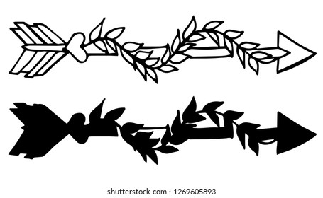 Arrow With Feather. Vector Illustration for Graphic Design, Outline, Isolated and Background