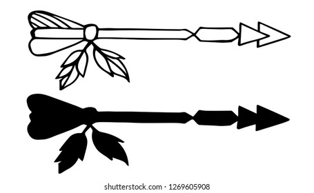 Arrow With Feather. Vector Illustration for Graphic Design, Outline, Isolated and Background