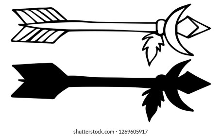 Arrow With Feather. Vector Illustration for Graphic Design, Outline, Isolated and Background