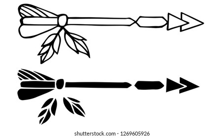 Arrow With Feather. Vector Illustration for Graphic Design, Outline, Isolated and Background
