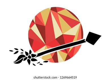 Arrow with Feather Vector Illustration with Living Coral Color Circle of Lines and Geometric.