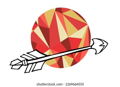 Arrow with Feather Vector Illustration with Living Coral Color Circle of Lines and Geometric.
