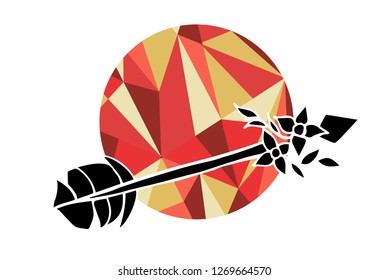 Arrow with Feather Vector Illustration with Living Coral Color Circle of Lines and Geometric.