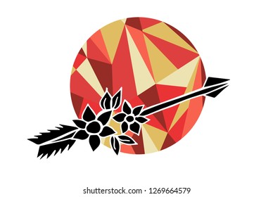 Arrow with Feather Vector Illustration with Living Coral Color Circle of Lines and Geometric.