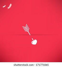 Arrow and feather.,Red Valentine's Day background with heart. Vector illustration.