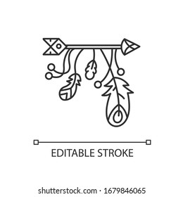 Arrow and feathers amulet in boho style pixel perfect linear icon. Mystic symbol. Thin line customizable illustration. Contour symbol. Vector isolated outline drawing. Editable stroke illustration