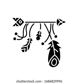 Arrow and feathers amulet in boho style black glyph icon. Native American Indian mystic symbol. Ethnic home decoration, charm. Silhouette symbol on white space. Vector isolated illustration