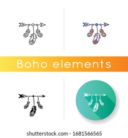 Arrow and feathers in boho style icon. Native American Indian mystic symbol. Bohemian vintage accessory. Ethnic decoration. Linear black and RGB color styles. Isolated vector illustrations