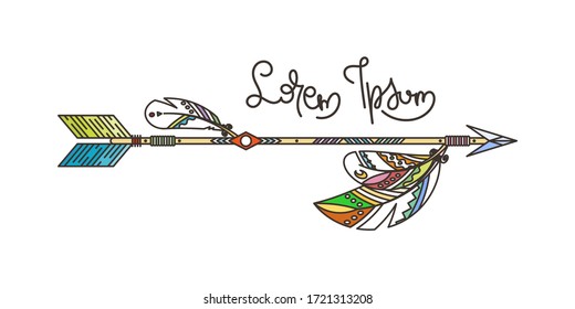 Flecha y plumas. Talisman nativo americano indio, arte tatuado, libro coloreado para adultos. Hipster vectorial e ilustración de boho sobre fondo blanco