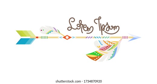 Flecha y plumas. Talisman nativo americano indio, arte de tatuajes, libro de colorear para adultos. Hipster vectorial e ilustración boho sobre fondo blanco