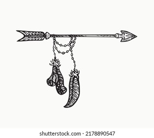 Flecha con plumas, simple dibujo de doodle, estilo de sepultura