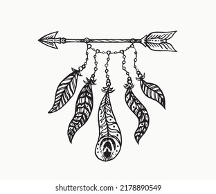 Arrow with feathers, simple doodle drawing, gravure style