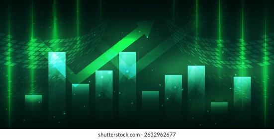 Arrow up finance chart stock market growth glowing light effect on dark green background. Business investment concept. Vector illustration