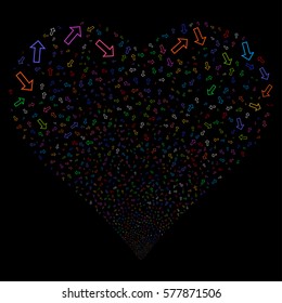 Arrow fireworks with heart shape. Vector illustration style is flat bright multicolored iconic symbols on a black background. Object heart organized from scattered icons.
