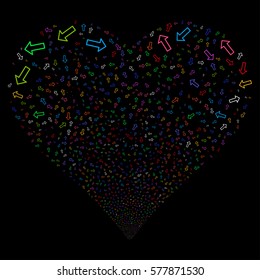 Arrow fireworks with heart shape. Vector illustration style is flat bright multicolored iconic symbols on a black background. Object salute created from random design elements.