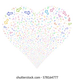 Arrow fireworks with heart shape. Vector illustration style is flat bright multicolored iconic symbols on a white background. Object stream created from scattered symbols.
