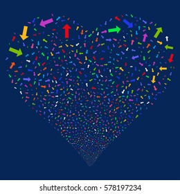 Arrow fireworks with heart shape. Vector illustration style is flat bright multicolored iconic symbols on a blue background. Object valentine heart made from confetti pictographs.